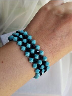 Swarovski Elements Black & Turquoise Crystal Beaded Mesh Bracelet - Handmade